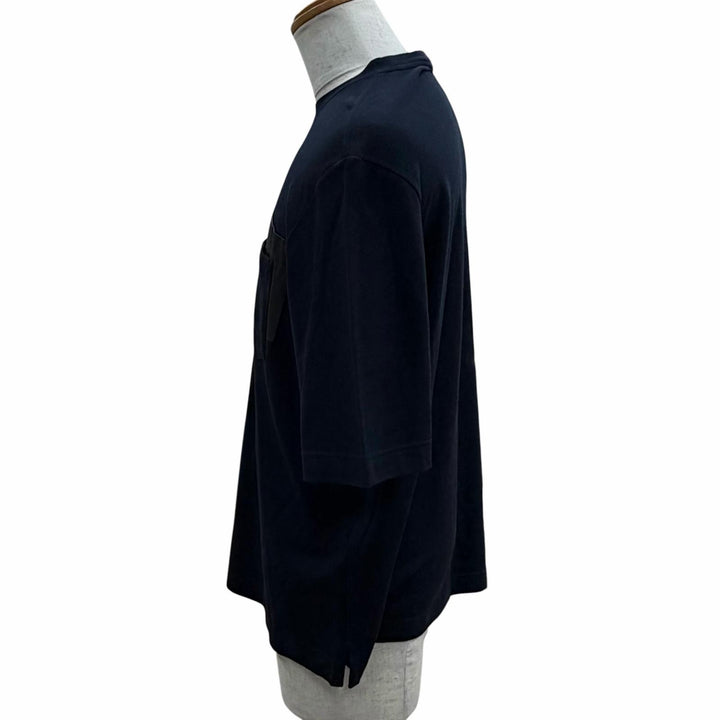 極美品▼HERMES エルメス 467970HA カシミヤ混 レザーポケット クルーネック ショートスリーブ 半袖Ｔシャツ ネイビー M 正規品 メンズ