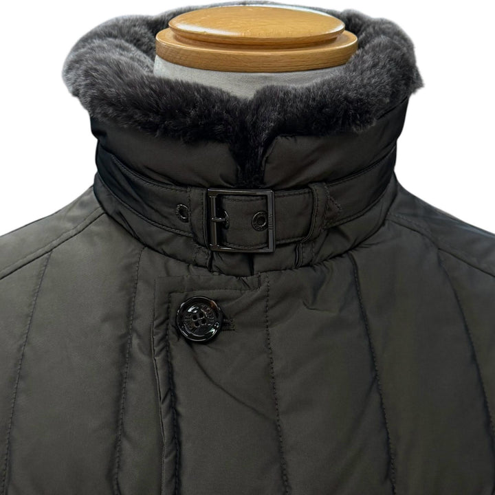 極美品▼MOORER ムーレー MORRIS モリス 襟ファー ロゴ入りボタン ダブルブレスト WZIPUP ダウンコート ダークブラウン 48 メンズ