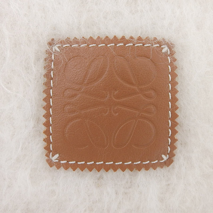 極美品▲LOEWE ロエベ モヘア ウール フリンジ アナグラムレザーパッチ付き マフラー ストール アイボリー スペイン製 正規品 レディース