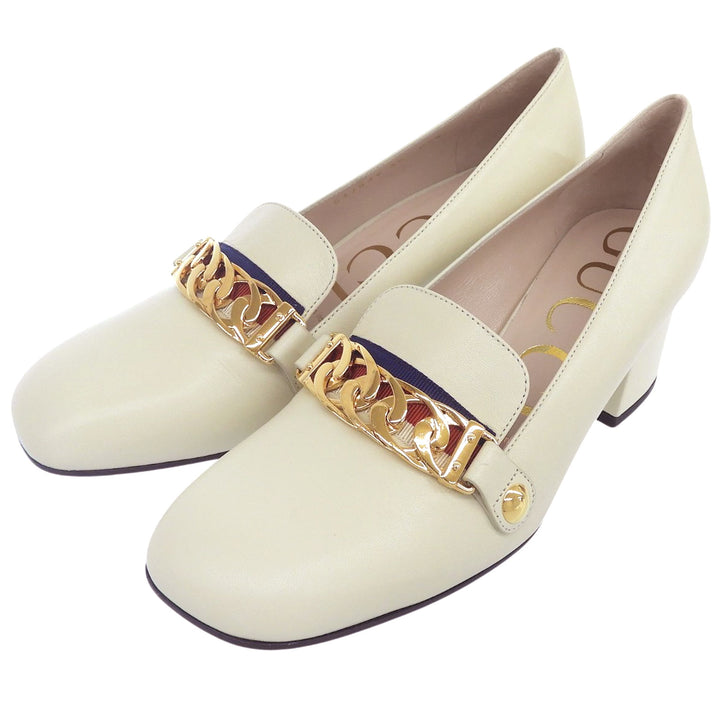 極美品▲GUCCI グッチ 537539 シルヴィ ウェブライン チャンキーヒール レザーパンプス アイボリー ゴールド金具 36 伊製 レディース