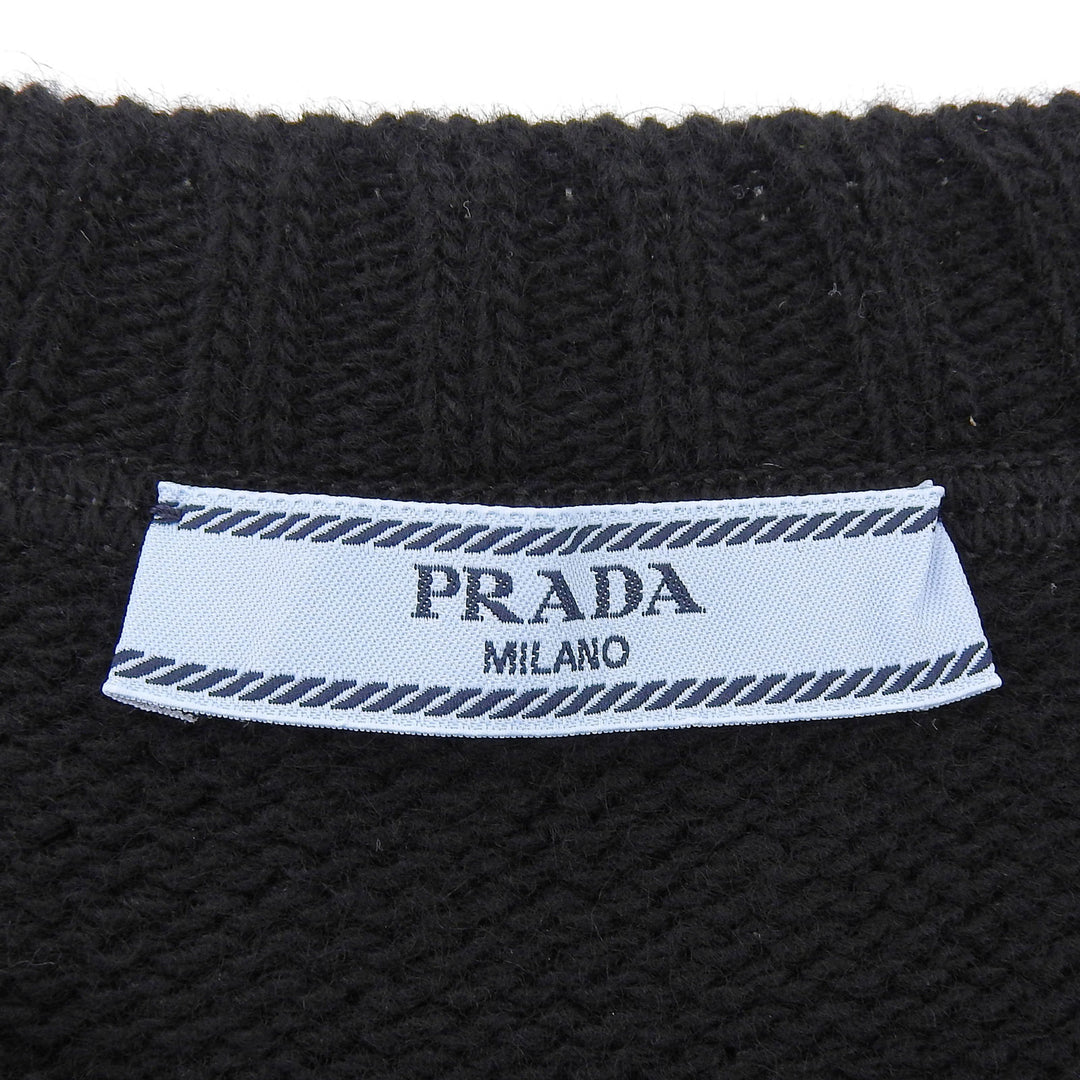 美品▲PRADA プラダ 2023年製 P2461V ウール カシミヤ クルーネック ロゴニット セーター ブラック ホワイト 40 伊製 正規品 レディース