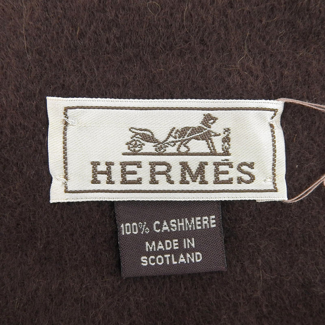 未使用品▲HERMES エルメス レクトヴェルソ カシミヤ100％ ロゴ刺繍 フリンジ付 マフラー ブラウン スコットランド製 レディース 箱付き