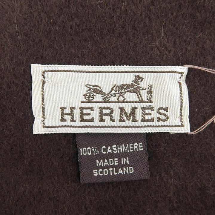 未使用品▲HERMES エルメス レクトヴェルソ カシミヤ100％ ロゴ刺繍 フリンジ付 マフラー ブラウン スコットランド製 レディース 箱付き