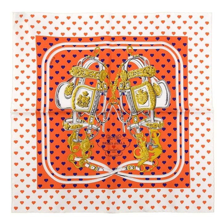 未使用品▲HERMES エルメス カレ45 BRIDES de GALA LOVE 式典用馬勒 シルク100％ ハート柄 スカーフ マルチ フランス製 レディース 箱付き
