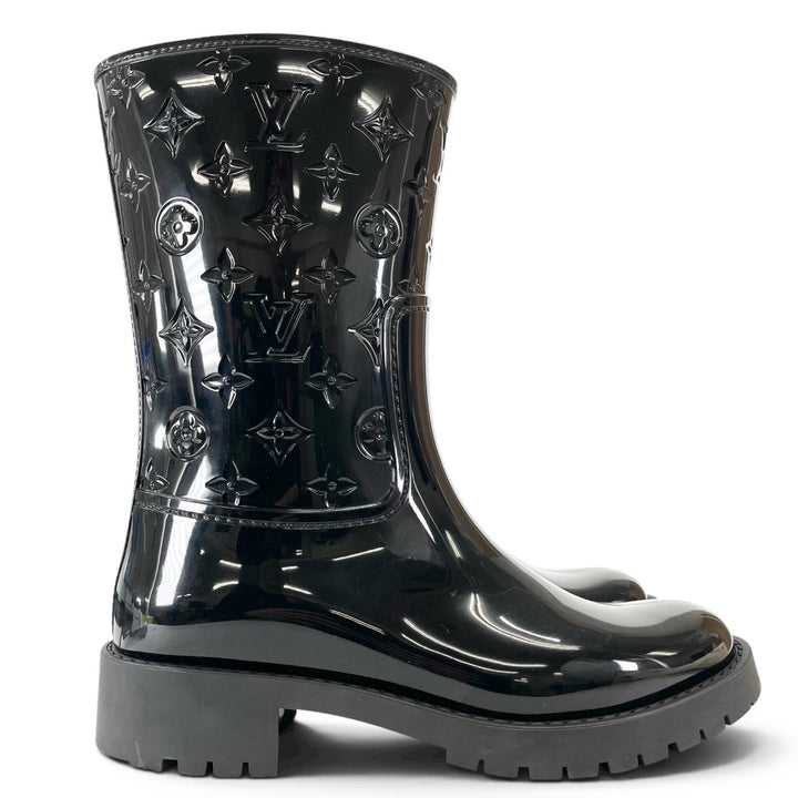 極美品▲LOUIS VUITTON ルイヴィトン ドロップス・ライン ラバー モノグラム レイン ブーツ ブラック 38 イタリア製 レディース 保存袋付き