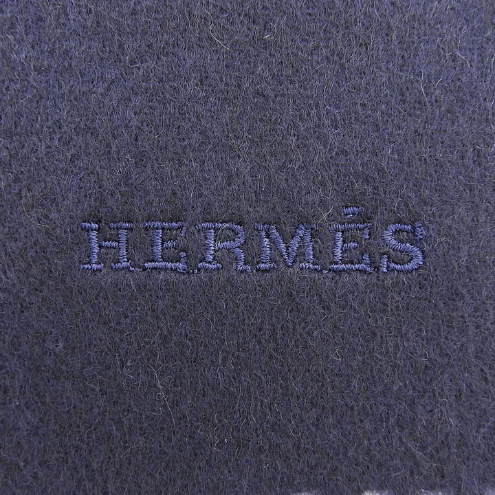 極美品▲HERMES エルメス レクトヴェルソ カシミヤ100％ マリン オセアン バイカラー ロゴ刺繡 フリンジ付き マフラー 英国製 メンズ