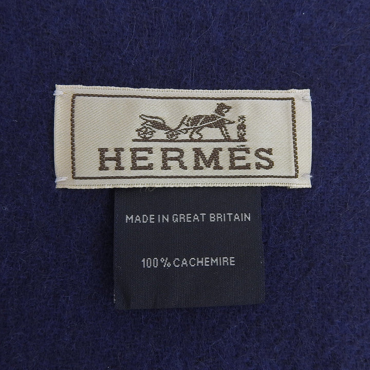 極美品▲HERMES エルメス レクトヴェルソ カシミヤ100％ マリン オセアン バイカラー ロゴ刺繡 フリンジ付き マフラー 英国製 メンズ