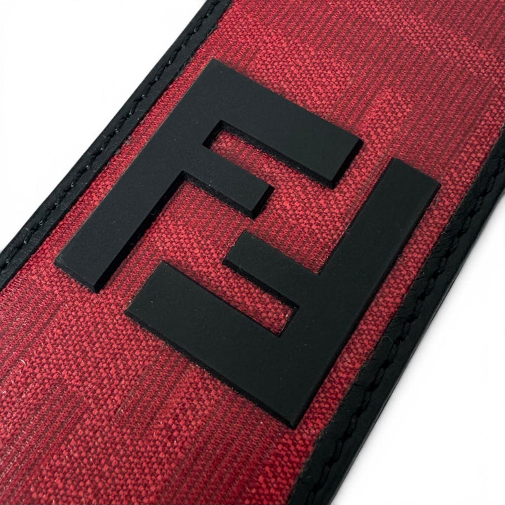 極美品▲FENDI フェンディ ズッカ柄 ラバー使い レザー キーホルダー チャーム ストラップ レッド ブラック イタリア製 レディース