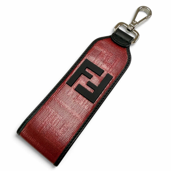 極美品▲FENDI フェンディ ズッカ柄 ラバー使い レザー キーホルダー チャーム ストラップ レッド ブラック イタリア製 レディース