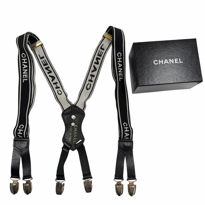 美品◇CHANEL シャネル ヴィンテージ ロゴ ココマーク金具付き レザー サスペンダー ブラック イタリア製 レディース 箱付き