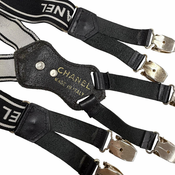 美品◇CHANEL シャネル ヴィンテージ ロゴ ココマーク金具付き レザー サスペンダー ブラック イタリア製 レディース 箱付き