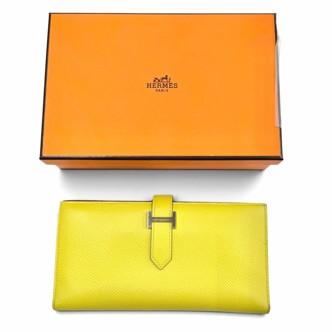 美品◇HERMES エルメス ベアンスフレ ヴェルソ ヴォーエプソン ライム テールバテュー バイカラー シルバー金具 長財布 Z刻印 フランス製