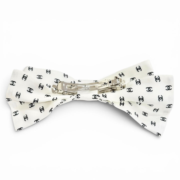 極美品△CHANEL シャネル 25SS 25P AAA821 ミニココマーク柄 リボン バレッタ ヘアアクセサリー 髪留め ホワイト ブラック レディース