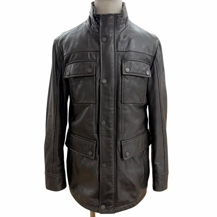 良品□HUGO BOSS ヒューゴボス ラムレザー ライダースジャケット バイカージャケット ブラウン 48 正規品 ガーメント・ハンガー付き