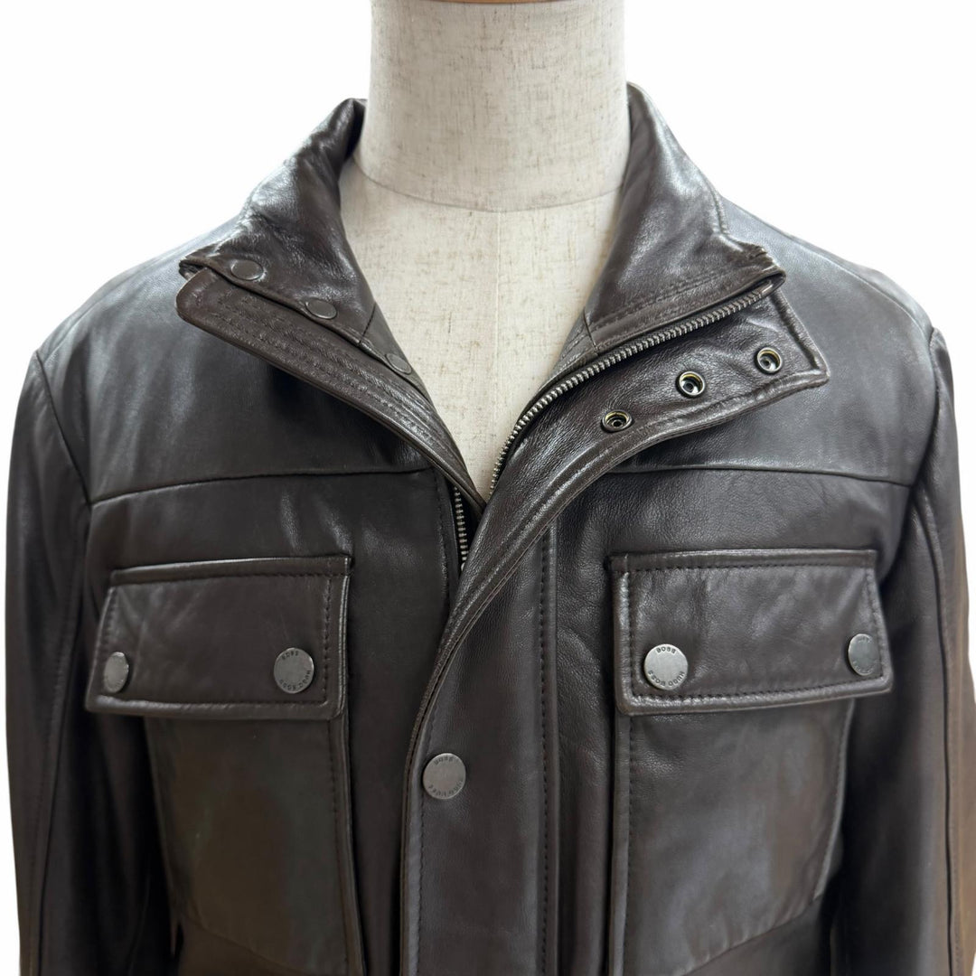 良品□HUGO BOSS ヒューゴボス ラムレザー ライダースジャケット バイカージャケット ブラウン 48 正規品 ガーメント・ハンガー付き
