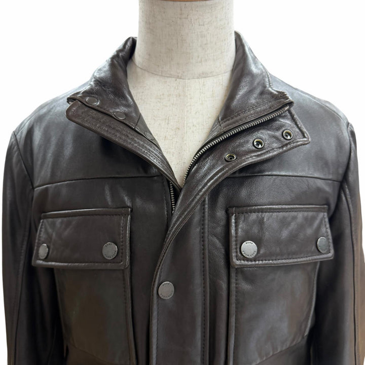 良品□HUGO BOSS ヒューゴボス ラムレザー ライダースジャケット バイカージャケット ブラウン 48 正規品 ガーメント・ハンガー付き
