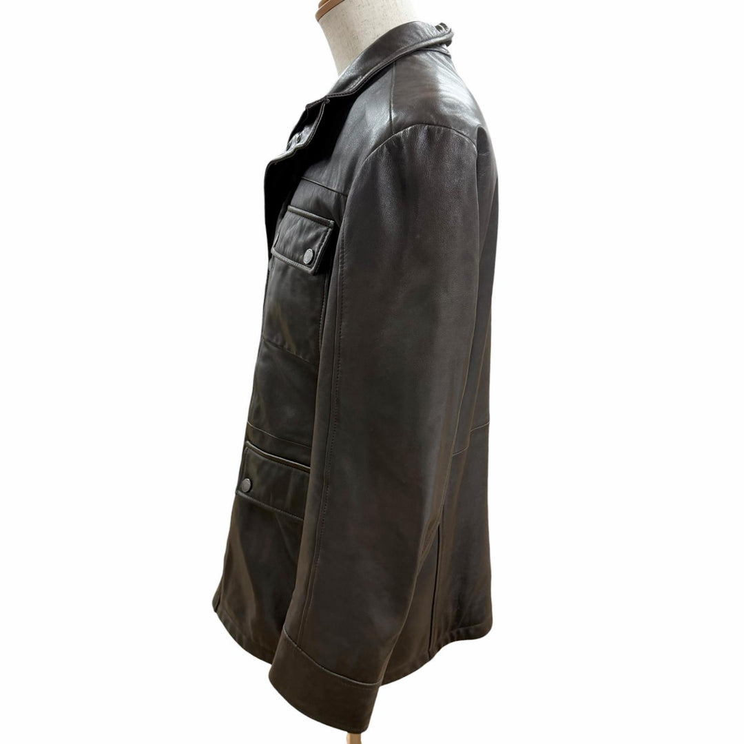 良品□HUGO BOSS ヒューゴボス ラムレザー ライダースジャケット バイカージャケット ブラウン 48 正規品 ガーメント・ハンガー付き