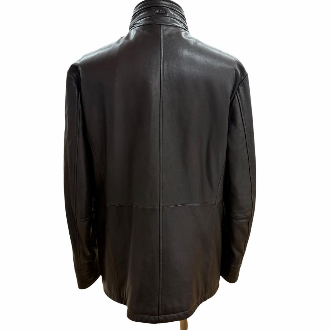 良品□HUGO BOSS ヒューゴボス ラムレザー ライダースジャケット バイカージャケット ブラウン 48 正規品 ガーメント・ハンガー付き