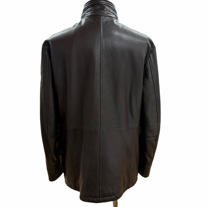 良品□HUGO BOSS ヒューゴボス ラムレザー ライダースジャケット バイカージャケット ブラウン 48 正規品 ガーメント・ハンガー付き