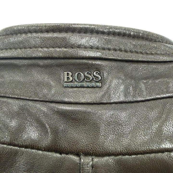 良品□HUGO BOSS ヒューゴボス ラムレザー ライダースジャケット バイカージャケット ブラウン 48 正規品 ガーメント・ハンガー付き