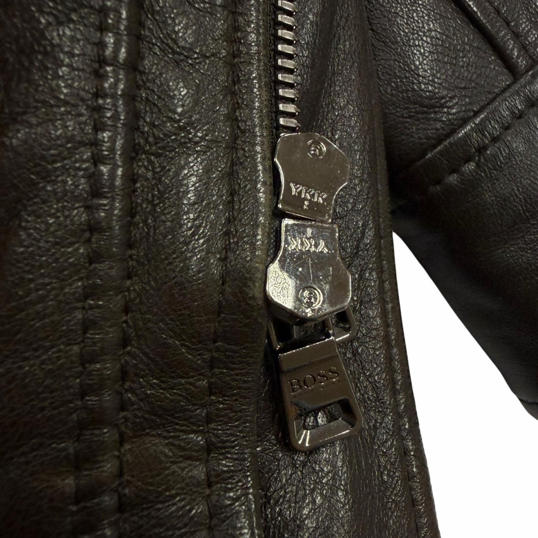 良品□HUGO BOSS ヒューゴボス ラムレザー ライダースジャケット バイカージャケット ブラウン 48 正規品 ガーメント・ハンガー付き