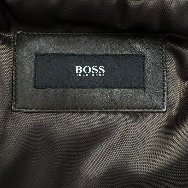 良品□HUGO BOSS ヒューゴボス ラムレザー ライダースジャケット バイカージャケット ブラウン 48 正規品 ガーメント・ハンガー付き