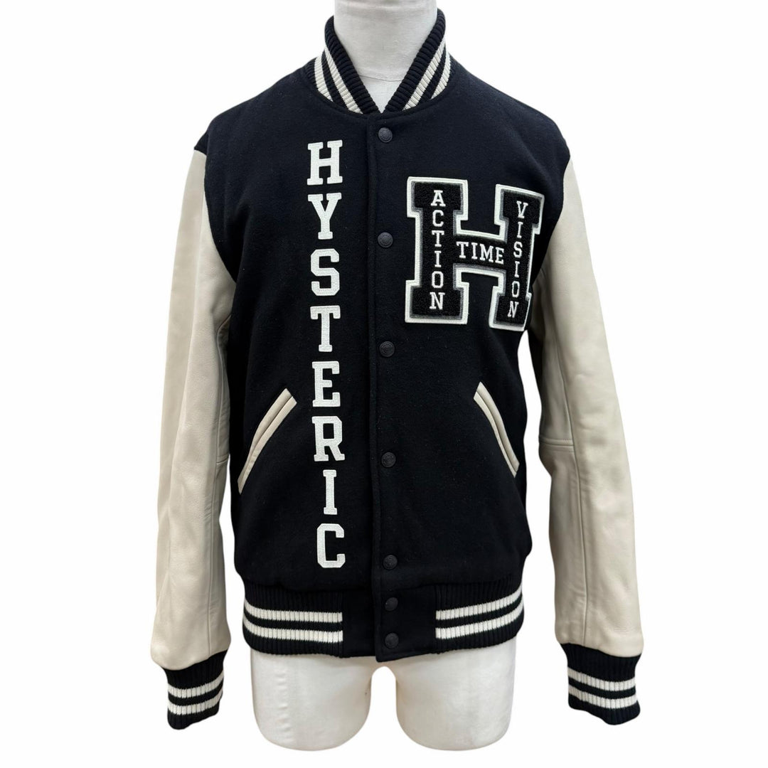 良品▼HYSTERIC GLAMOUR ヒステリックグラマー 02223AB09 ウール90% SEE NO EVIL刺繍 ヴァーシティ レザー 袖革スタジャン M 正規品