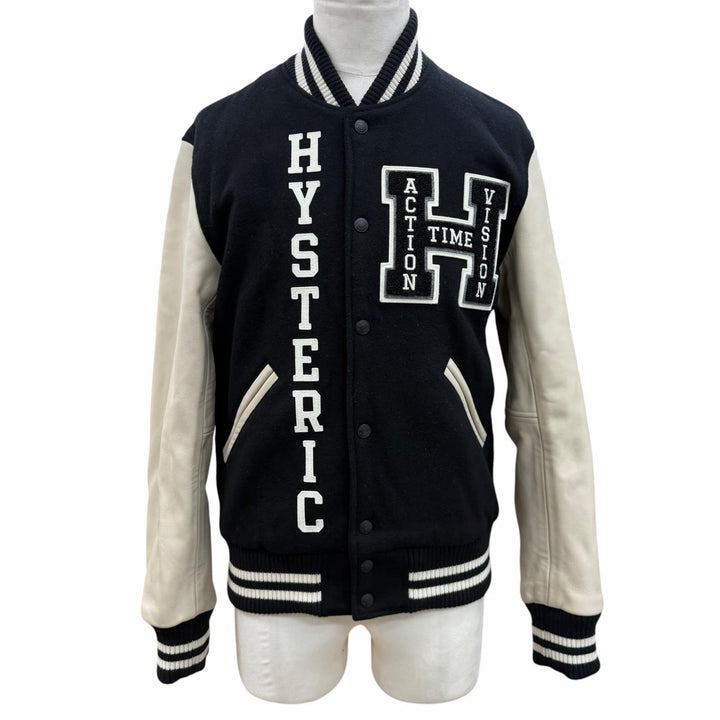 良品▼HYSTERIC GLAMOUR ヒステリックグラマー 02223AB09 ウール90% SEE NO EVIL刺繍 ヴァーシティ レザー 袖革スタジャン M 正規品