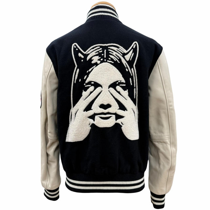 良品▼HYSTERIC GLAMOUR ヒステリックグラマー 02223AB09 ウール90% SEE NO EVIL刺繍 ヴァーシティ レザー 袖革スタジャン M 正規品