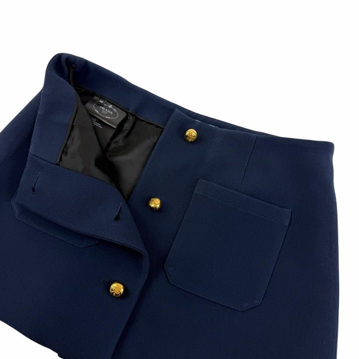 極美品☆PRADA プラダ 2023年製 P128J ウール シルク ロゴボタン付 ミニスカート ネイビー 38 イタリア製 正規品 レディース