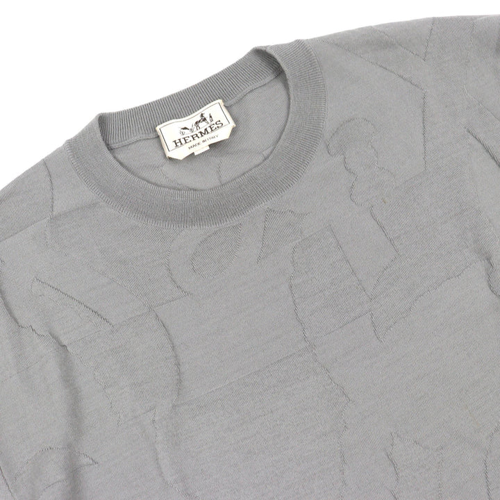 極美品△HERMES エルメス Equestrian Fragments ウール100％ クルーネック 半袖ニット トップス グレー XL イタリア製 正規品 メンズ