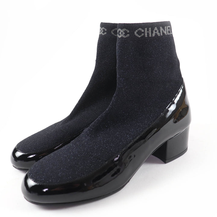 極美品☆CHANEL シャネル パテントレザー ロゴ入り ニット ソックスブーツ アンクルブーツ ブラック 34.5 伊製 レディース