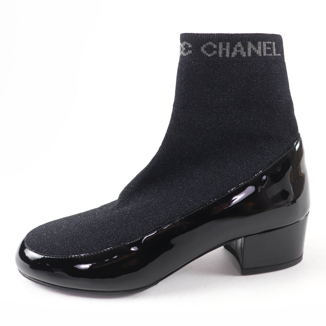 極美品☆CHANEL シャネル パテントレザー ロゴ入り ニット ソックスブーツ アンクルブーツ ブラック 34.5 伊製 レディース