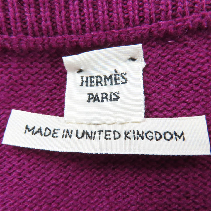 美品☆HERMES エルメス カシミヤ100％ ゴールド金具 Hロゴ金具 ショートスリーブ 半袖ニット パープル 34 イギリス製 正規品 レディース
