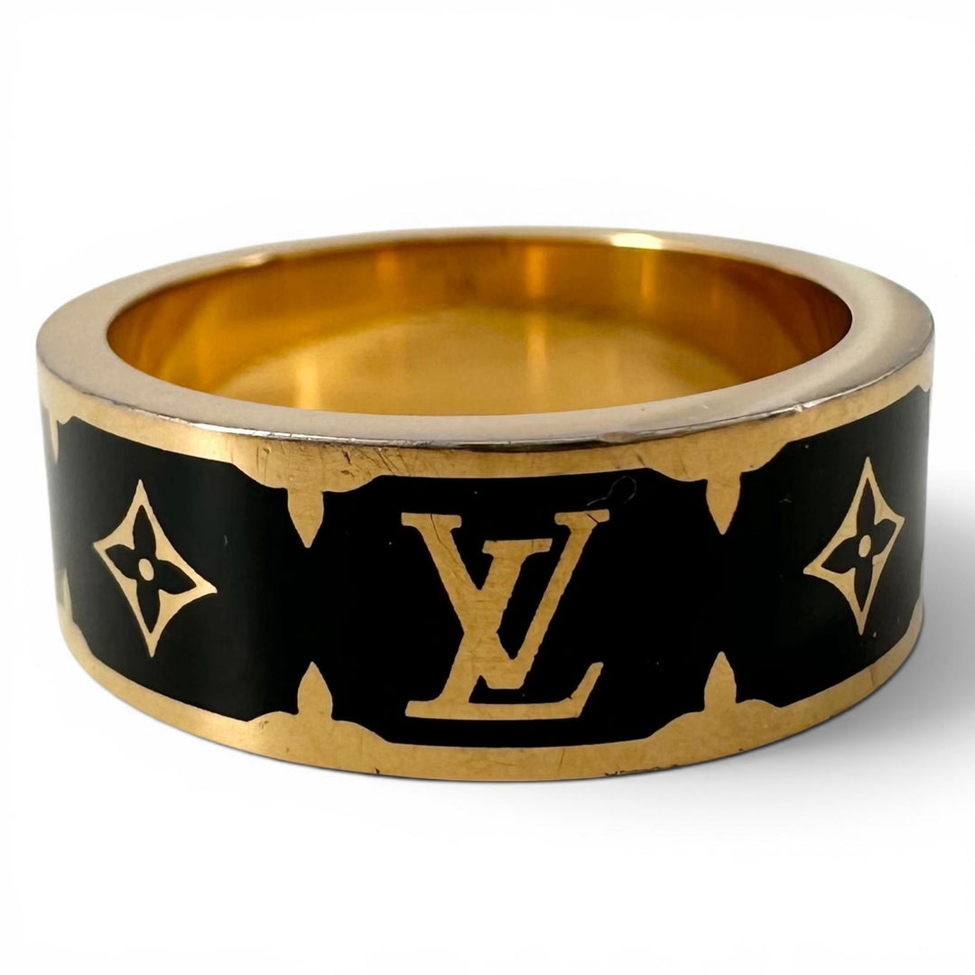 美品▲LOUIS VUITTON ルイヴィトン M1568L リング・ナノ グラム エナメル リング・指輪 ゴールド ブラック L レディース 箱・保存袋付き