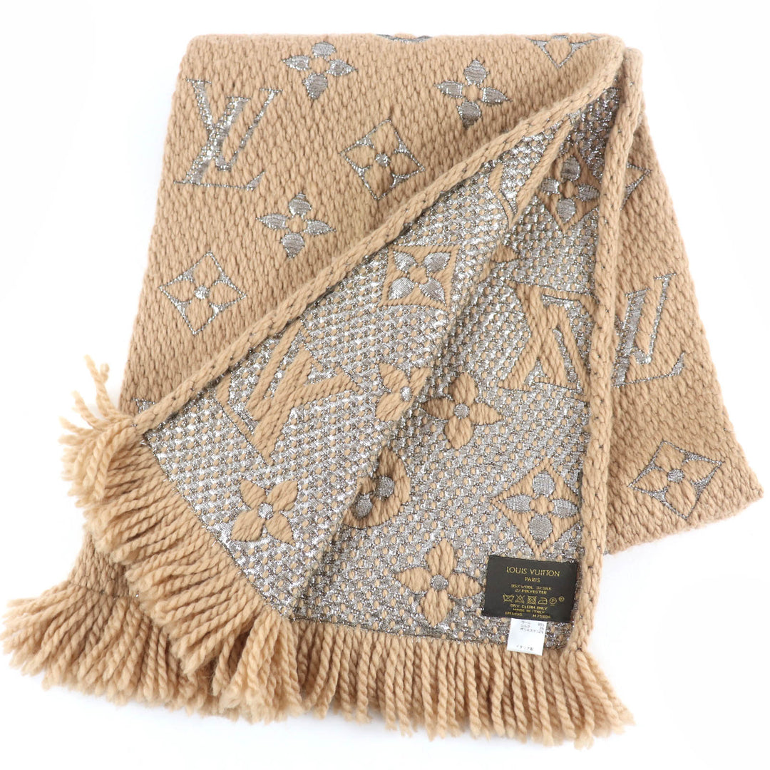 美品☆LOUIS VUITTON ルイヴィトン M75834 エシャルプ・ロゴマニア シャイン ウール シルク フリンジ付 マフラー ベージュ 伊製 正規品