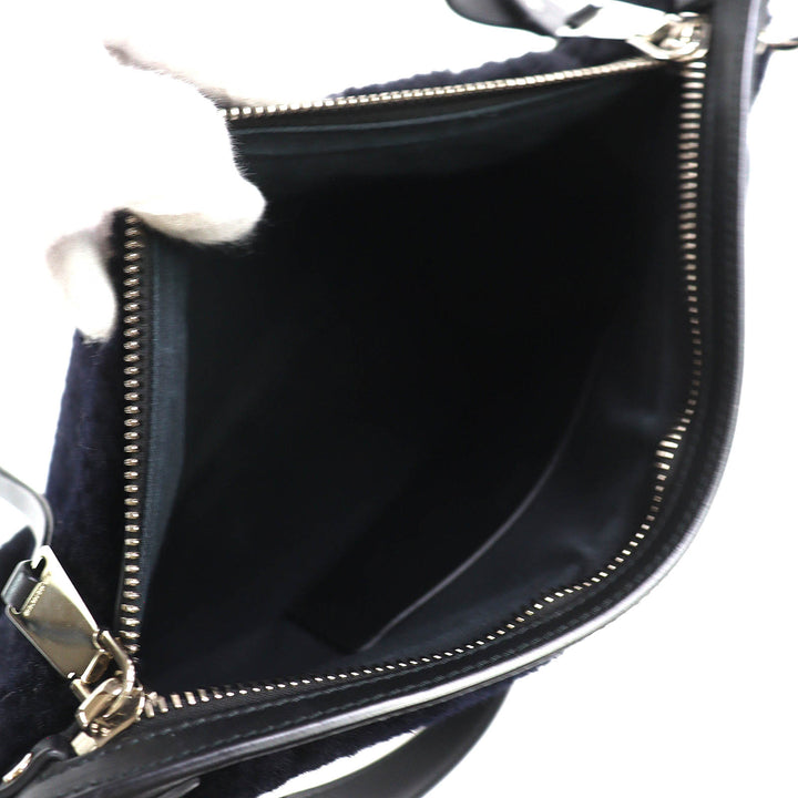 美品△JIL SANDER ジルサンダー シングルストラップ ラムファー ムートンショルダーバッグ ダークネイビー シルバー金具 伊製 レディース