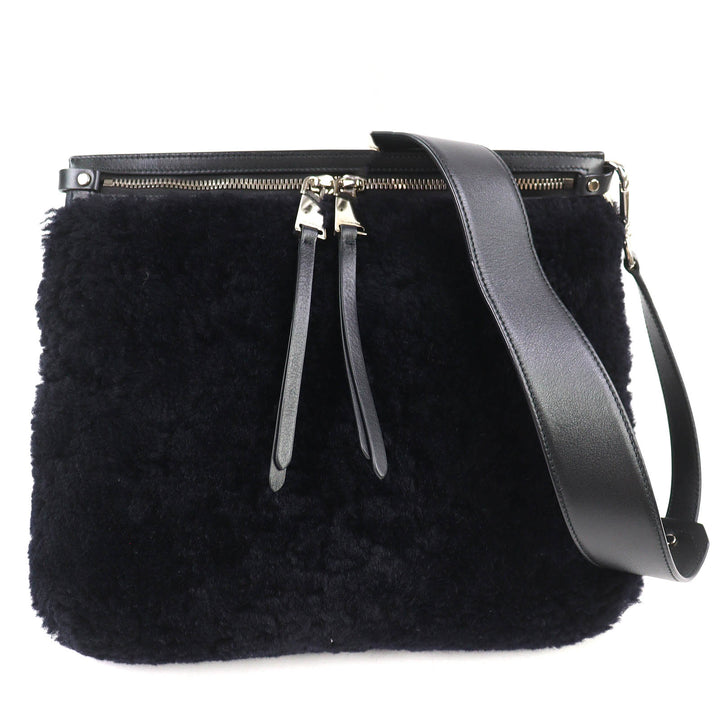 美品△JIL SANDER ジルサンダー シングルストラップ ラムファー ムートンショルダーバッグ ダークネイビー シルバー金具 伊製 レディース