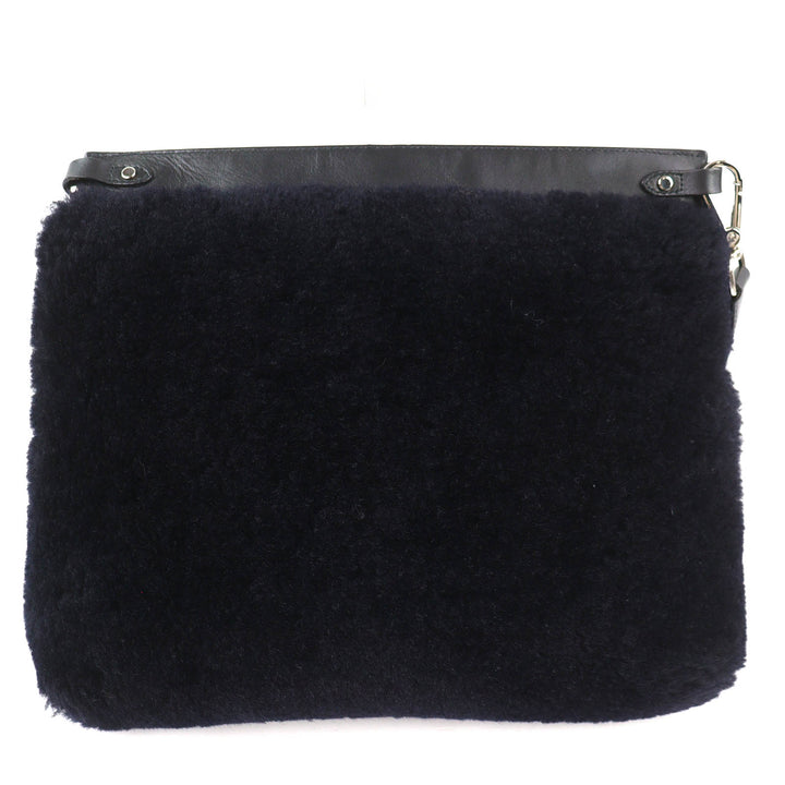 美品△JIL SANDER ジルサンダー シングルストラップ ラムファー ムートンショルダーバッグ ダークネイビー シルバー金具 伊製 レディース