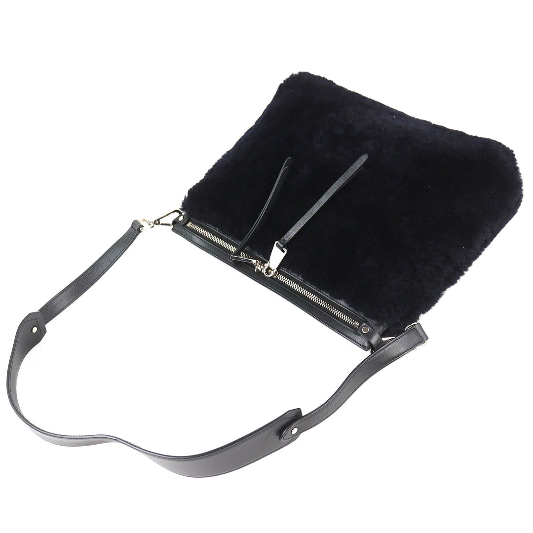 美品△JIL SANDER ジルサンダー シングルストラップ ラムファー ムートンショルダーバッグ ダークネイビー シルバー金具 伊製 レディース