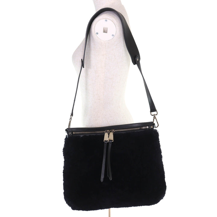 美品△JIL SANDER ジルサンダー シングルストラップ ラムファー ムートンショルダーバッグ ダークネイビー シルバー金具 伊製 レディース