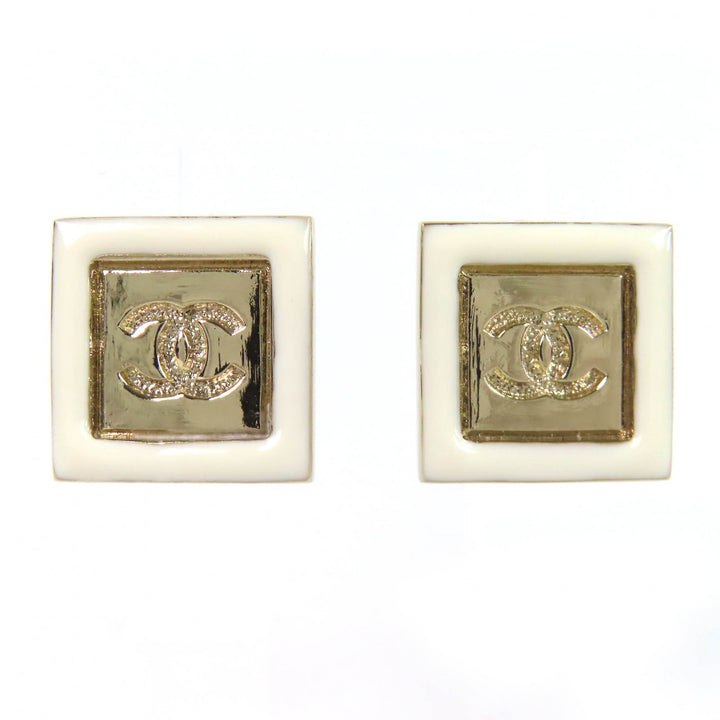 極美品△CHANEL シャネル B24C ココマーク スクエア ピアス アクセサリー 両耳用 ゴールド ホワイト 箱付き イタリア製 レディース