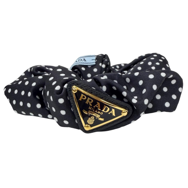 極美品★PRADA プラダ 1IF015 Re-Nylon シュシュ トライアングルロゴ ドット柄 ヘアアクセサリー ダークネイビー ホワイト 箱付