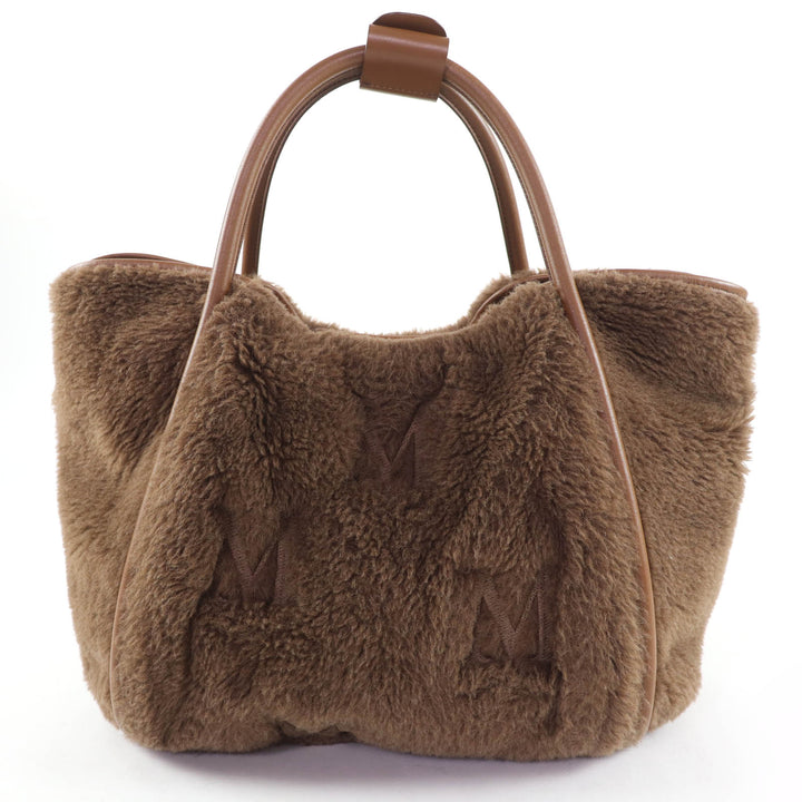 極美品☆Max Mara マックスマーラ テディバッグ アルパカ シルク混 Mロゴ刺繍 レザー使い 2WAY ショルダー ハンドバッグ ブラウン
