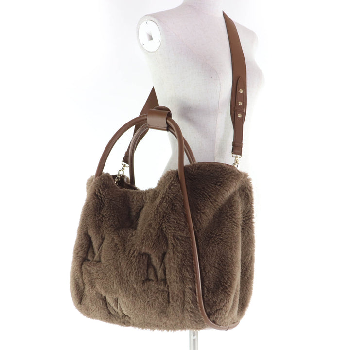極美品☆Max Mara マックスマーラ テディバッグ アルパカ シルク混 Mロゴ刺繍 レザー使い 2WAY ショルダー ハンドバッグ ブラウン