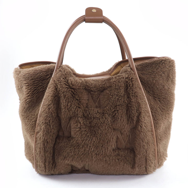 極美品☆Max Mara マックスマーラ テディバッグ アルパカ シルク混 Mロゴ刺繍 レザー使い 2WAY ショルダー ハンドバッグ ブラウン