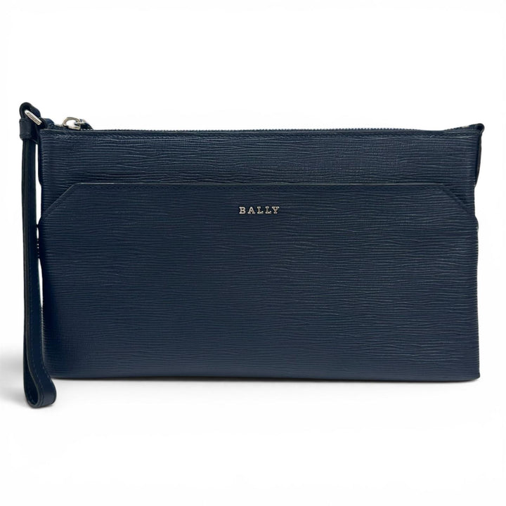 極美品▲BALLY バリー LEDDON ロゴ金具 ポーチ付 レザー クラッチバッグ ネイビー シルバー金具 箱・保存袋付き ブルガリア製 メンズ