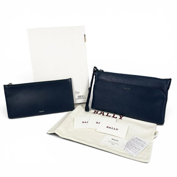 極美品▲BALLY バリー LEDDON ロゴ金具 ポーチ付 レザー クラッチバッグ ネイビー シルバー金具 箱・保存袋付き ブルガリア製 メンズ