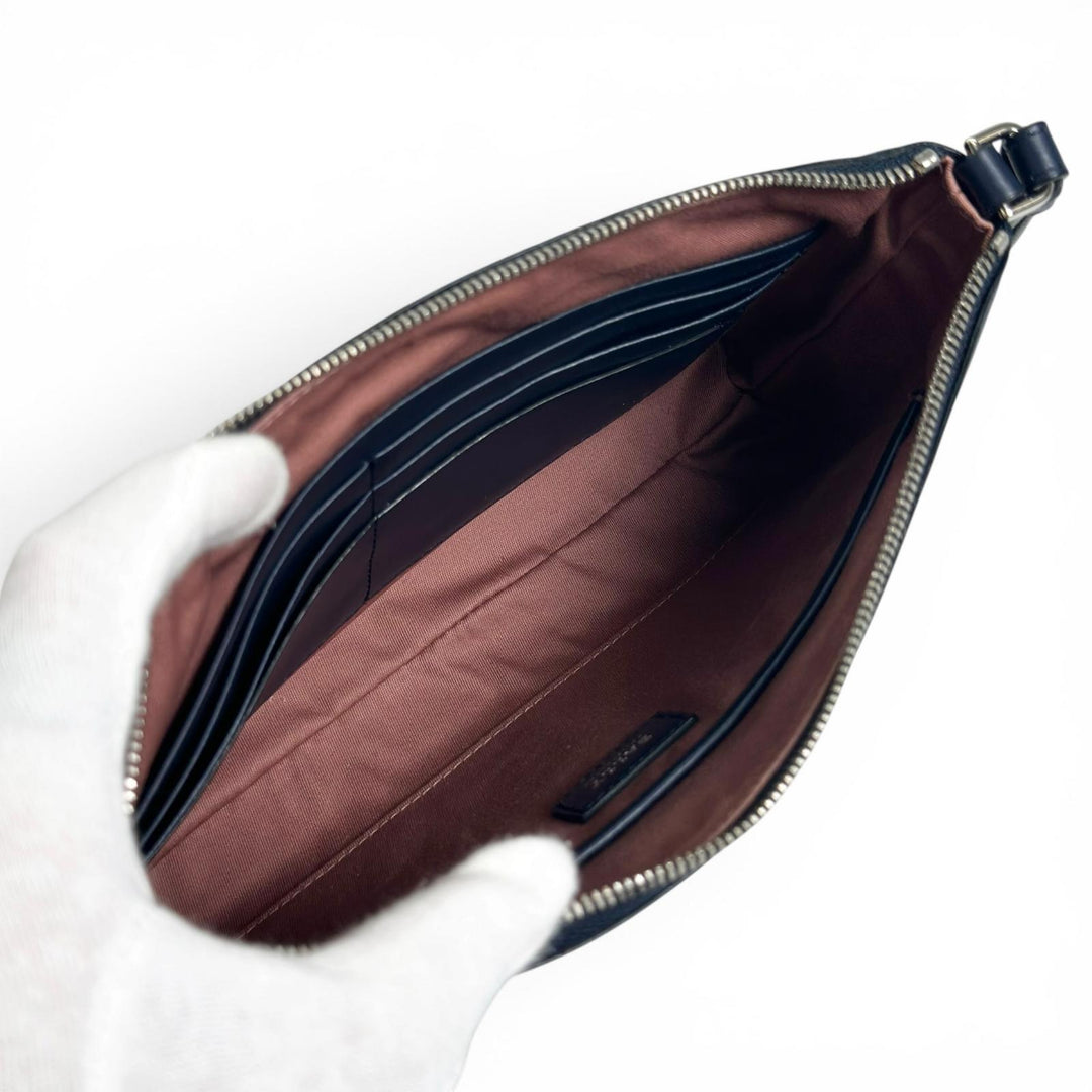 極美品▲BALLY バリー LEDDON ロゴ金具 ポーチ付 レザー クラッチバッグ ネイビー シルバー金具 箱・保存袋付き ブルガリア製 メンズ