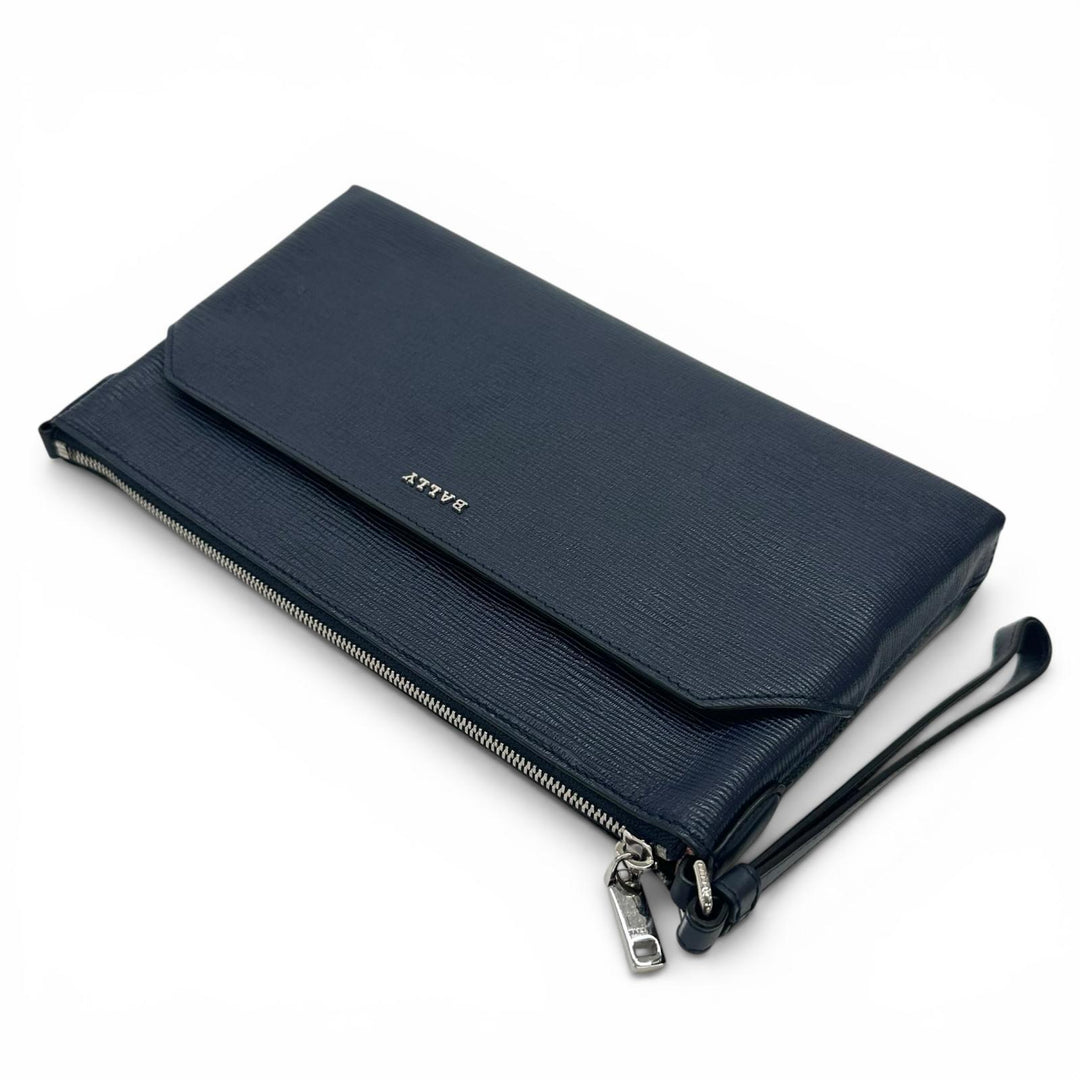 極美品▲BALLY バリー LEDDON ロゴ金具 ポーチ付 レザー クラッチバッグ ネイビー シルバー金具 箱・保存袋付き ブルガリア製 メンズ